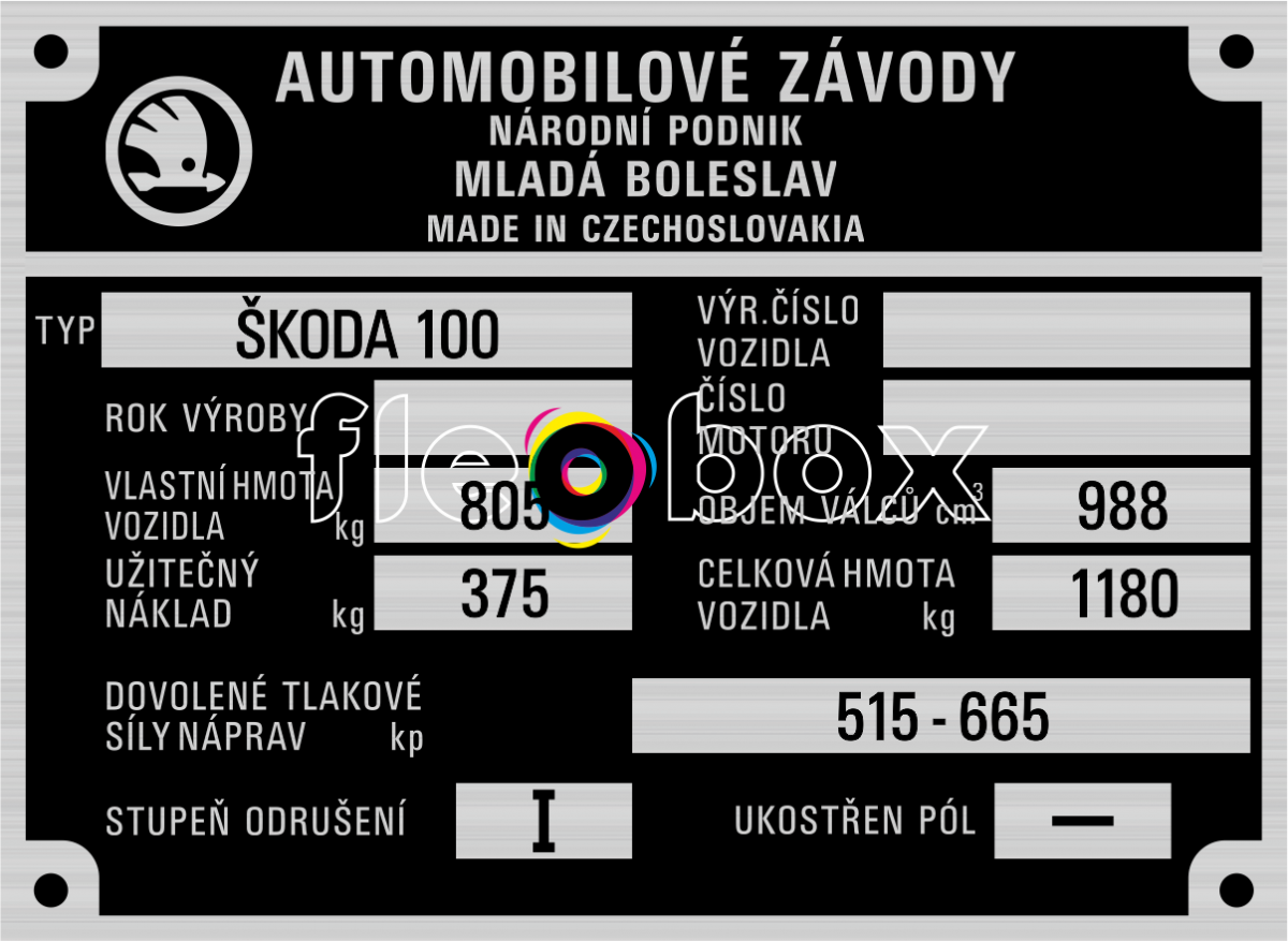Škoda 100 - výrobný štítok