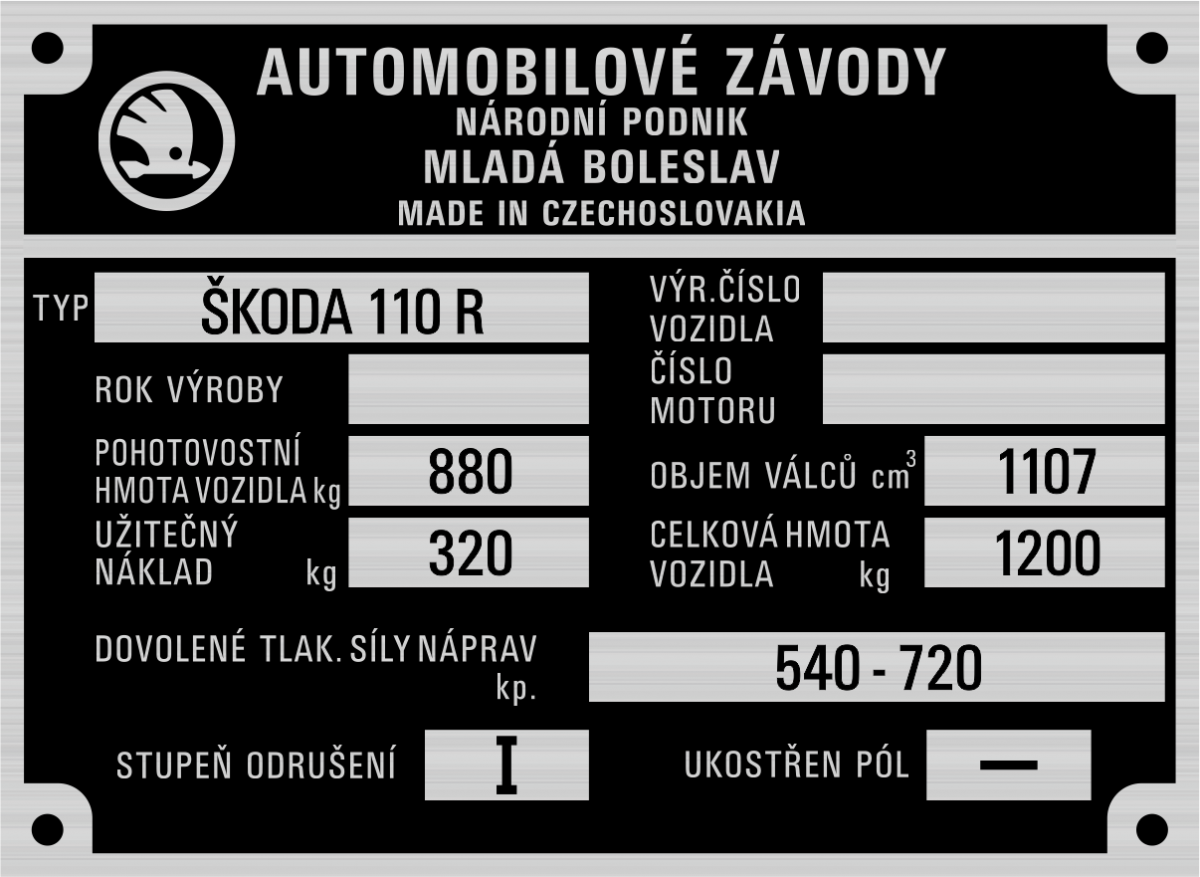 Škoda 110R - výrobný štítok