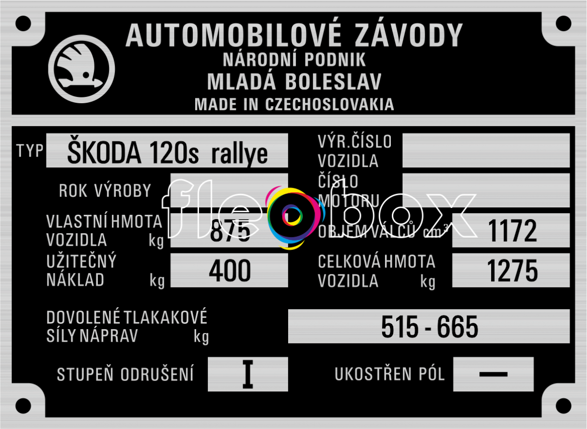Škoda 120s rallye - hmotnosť 875 kg - výrobný štítok