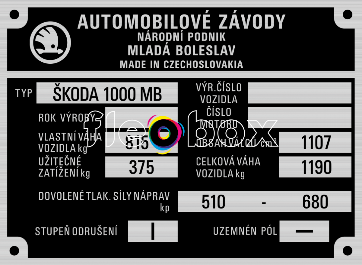Škoda 1000MB - výrobný štítok