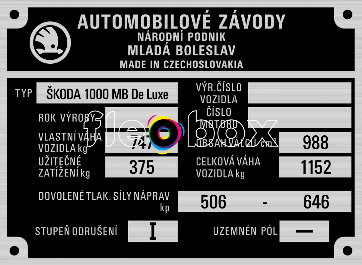 Škoda 1000MB De Luxe - výrobný štítok