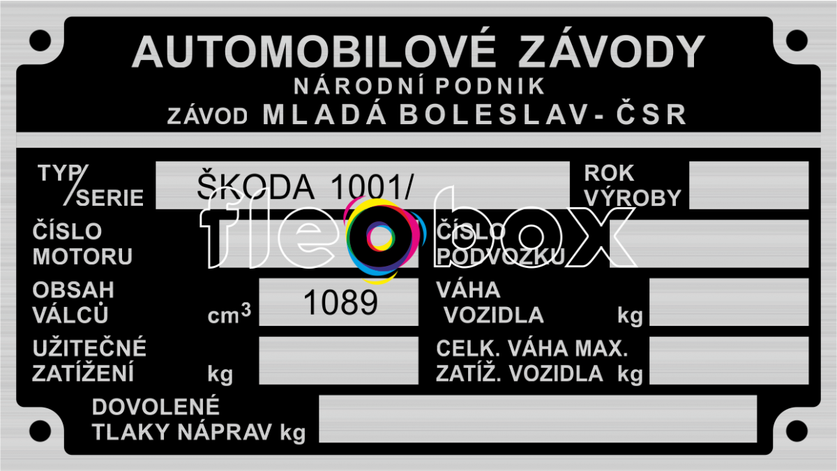 Škoda 1101 TUDOR - výrobný štítok