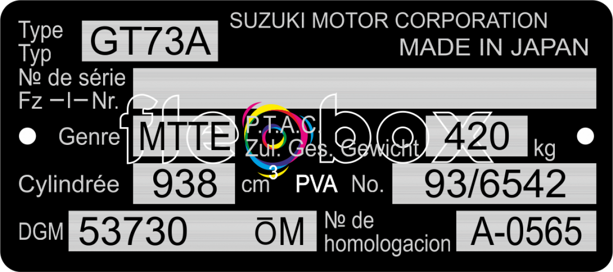 Suzuki GT73A - výrobný štítok
