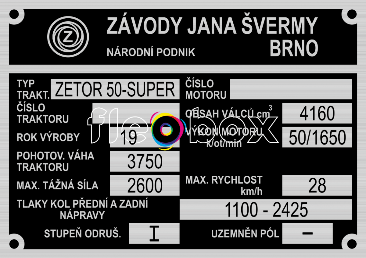Zetor Super 50 - výrobný štítok