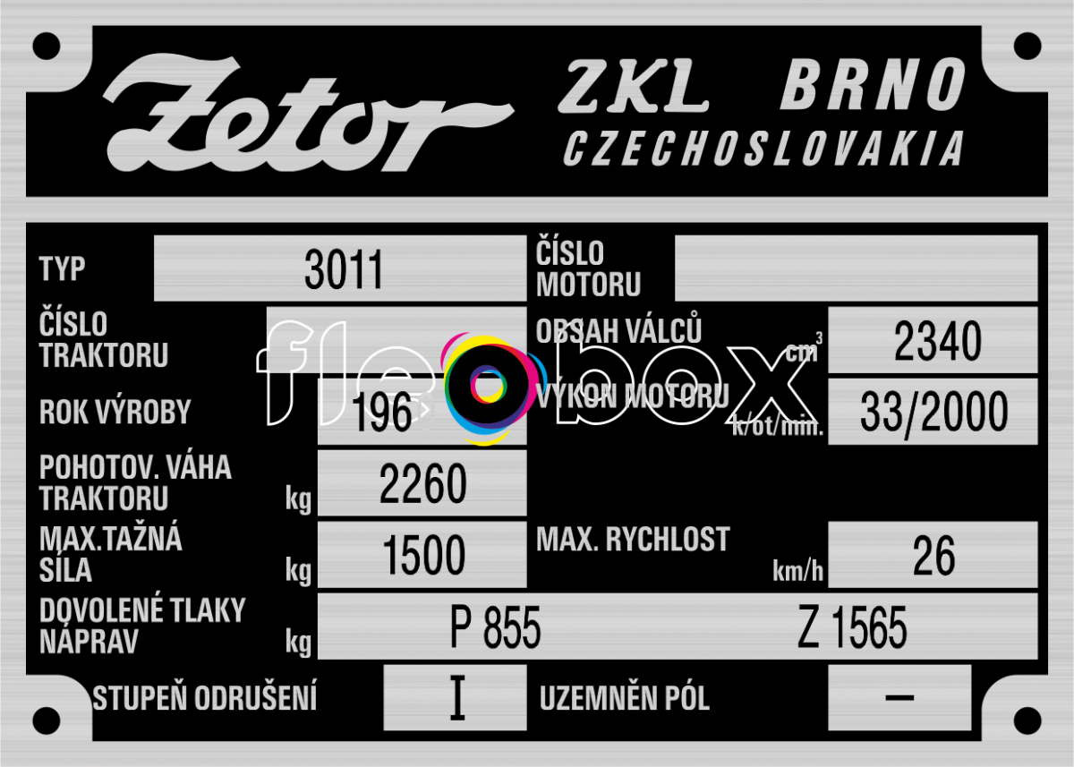Zetor 3011 - výrobný štítok